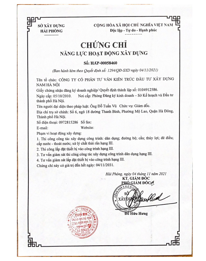 Chứng chỉ - Năng lực hoạt động xây dựng công ty xây dựng Nam Hà Nội